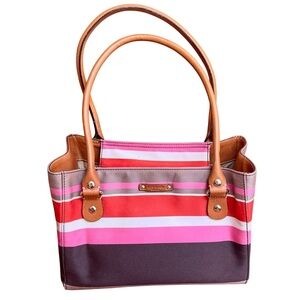 Vintage Kate Spade New York Striped Fabric Satchel Tote Bag Tan Leather Handles